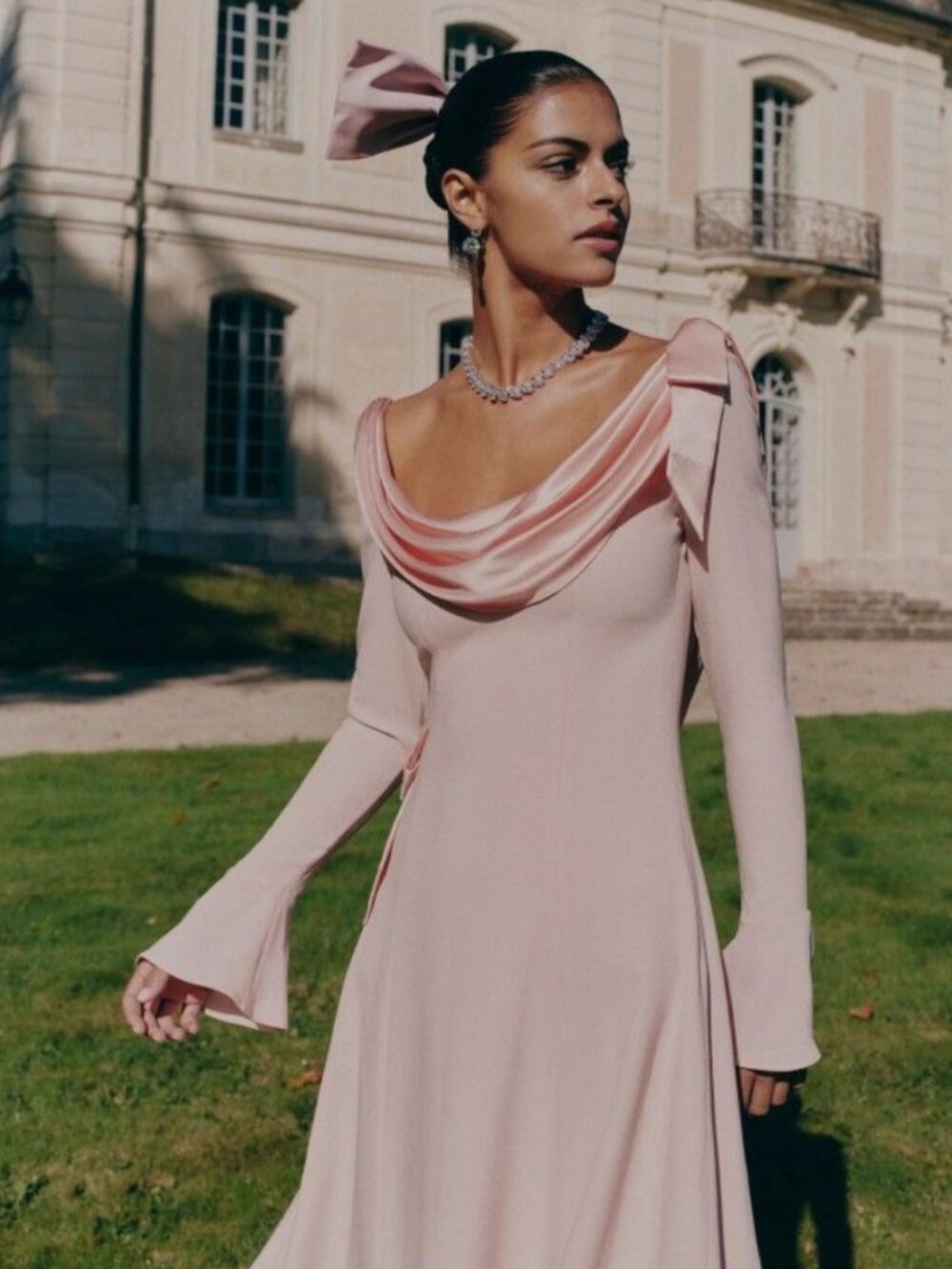 NWT Nana Jacqueline Elegant Pink Long Sleeve Midi Dress Formal Couture L $450